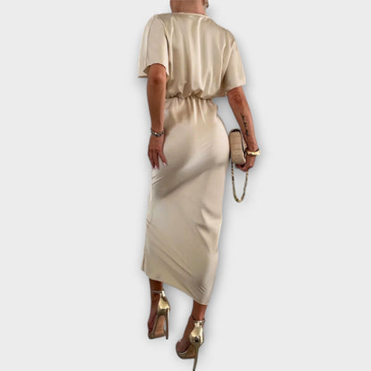 Sable Satin V-Neck Cross Knot Maxi Klänning för Evenemang