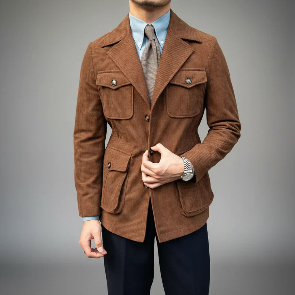 Herr Herringbone Blazer med Guldtonade Detaljer