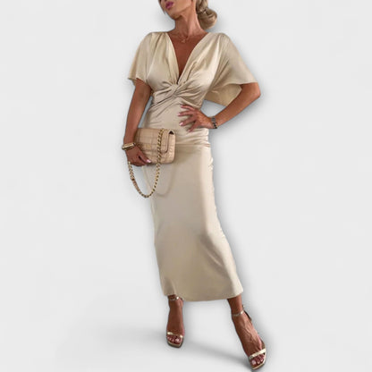 Sable Satin V-Neck Cross Knot Maxi Klänning för Evenemang