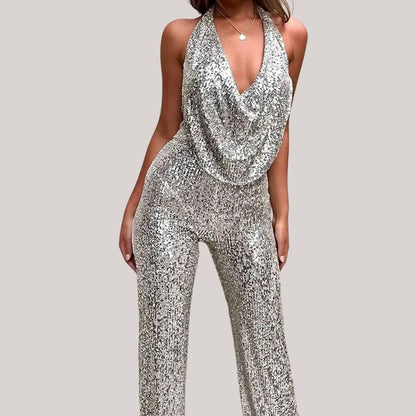 Chic Paljett Dekolletage Halterneck Jumpsuit för Kvinnor