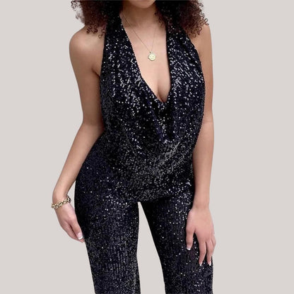 Chic Paljett Dekolletage Halterneck Jumpsuit för Kvinnor
