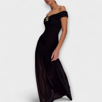 Blommig Utsmyckad Off-Shoulder Maxi Klänning för Evenemang