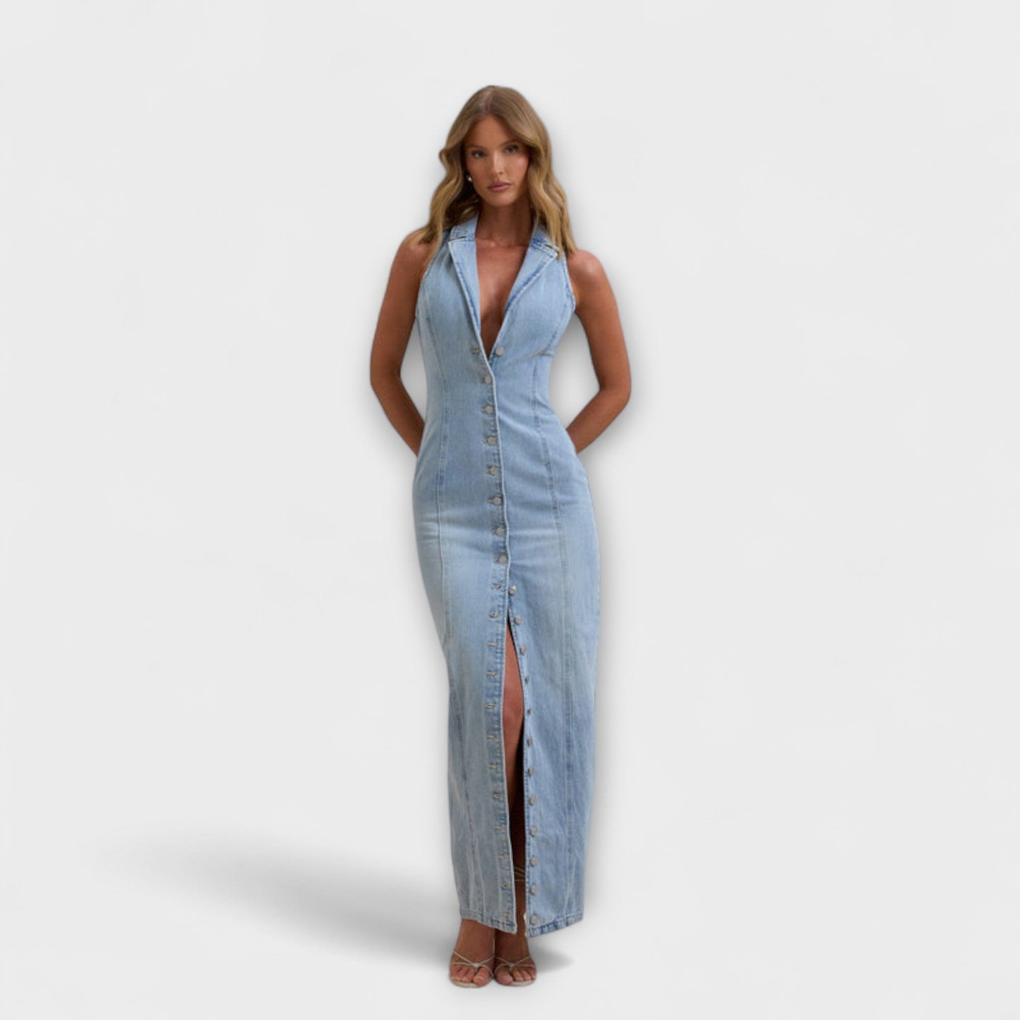Chic Mid Wash Denim Maxi Klänning för Alla Tillfällen
