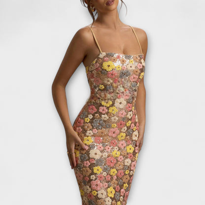 Oakley 80-talsstil Blommig Paillett Maxiklänning för Speciella Tillfällen