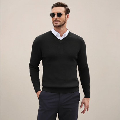 Herrklassisk V-ringad stickad tröja för höst och vinter