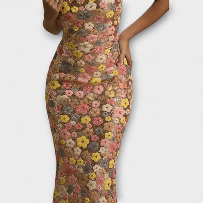 Oakley 80-talsstil Blommig Paillett Maxiklänning för Speciella Tillfällen