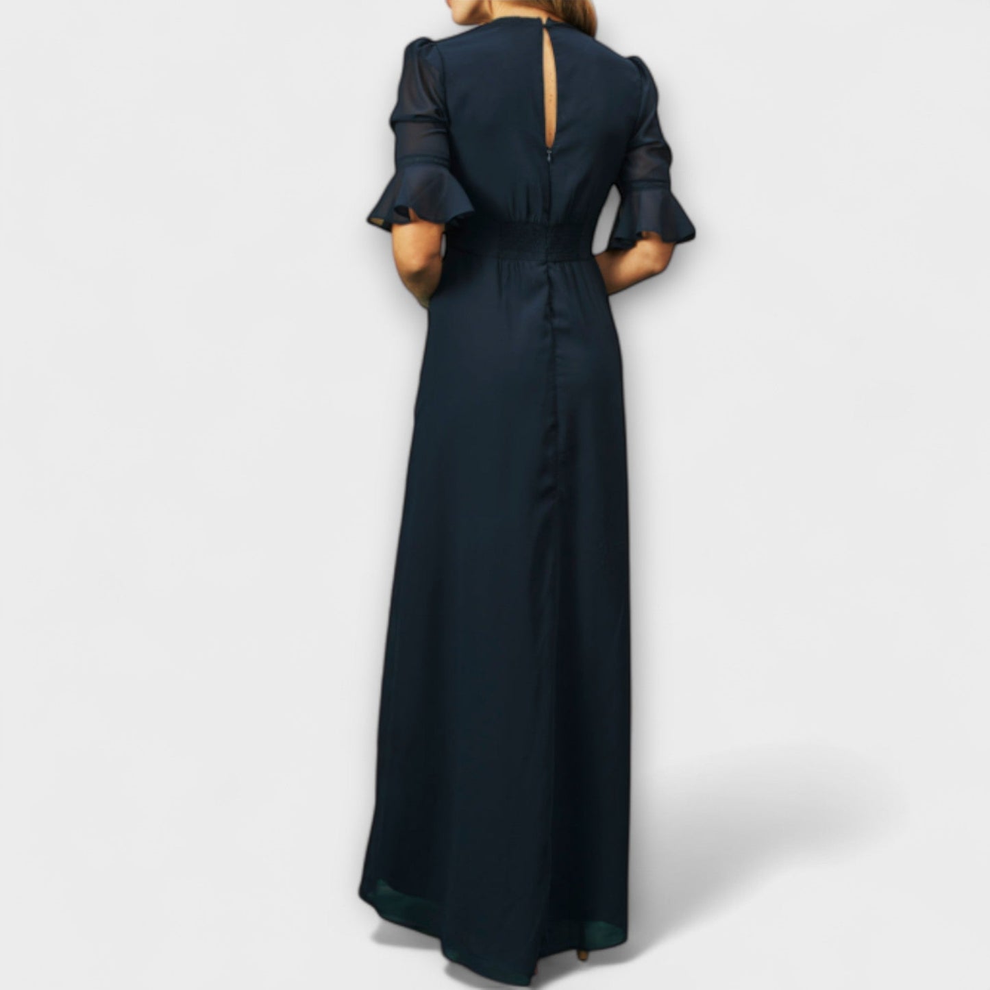 Beatrice - Marinblå Blommönstrad Broderad Klänning för Speciella Tillfällen