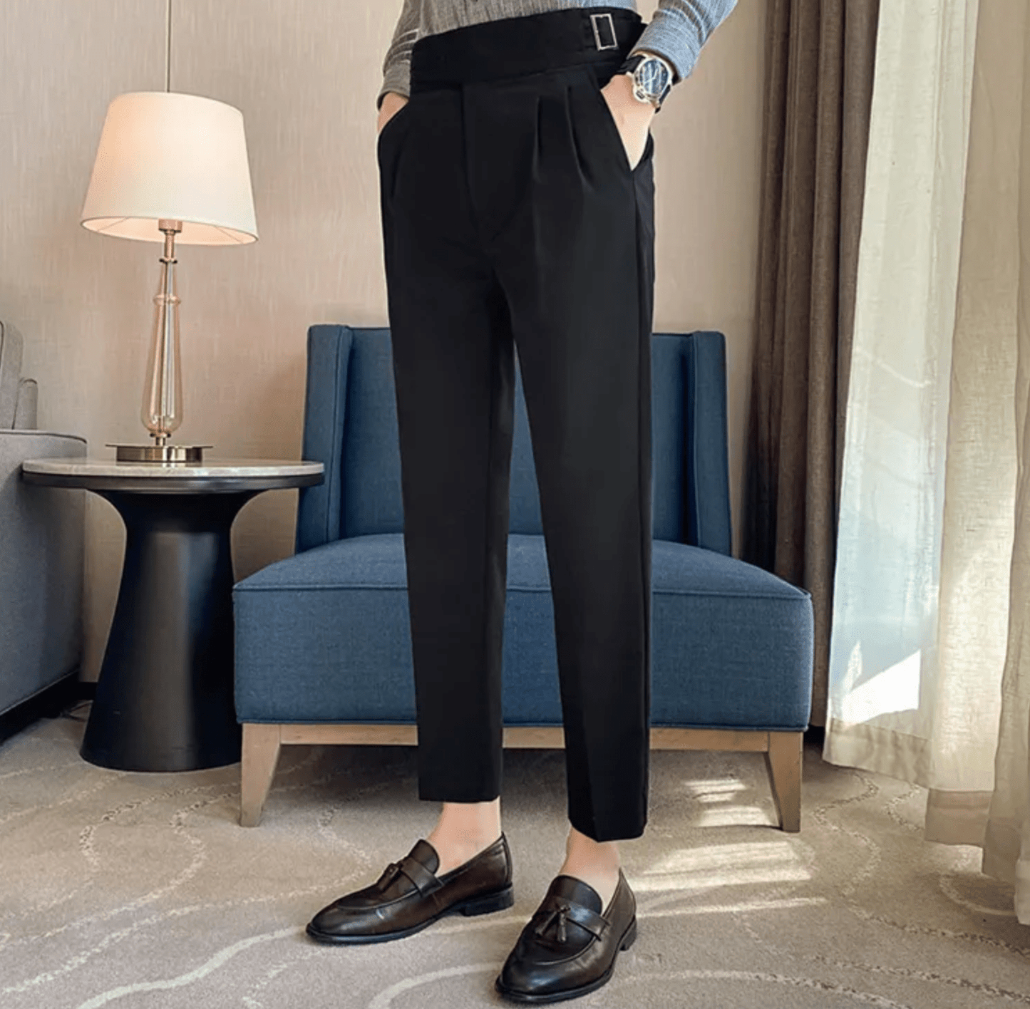 Herrformella högmidjade plisserade byxor för evenemang