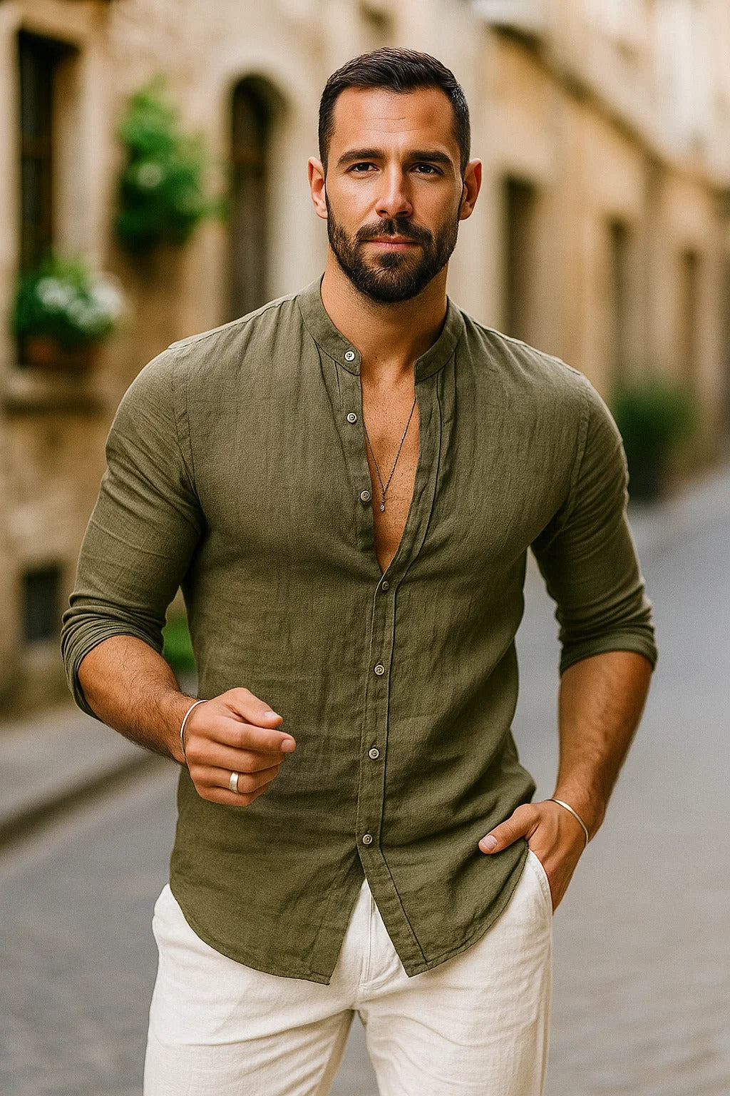 Herrskjorta med 3/4 ärm - Stilren bomullsblandning för vardagsbruk