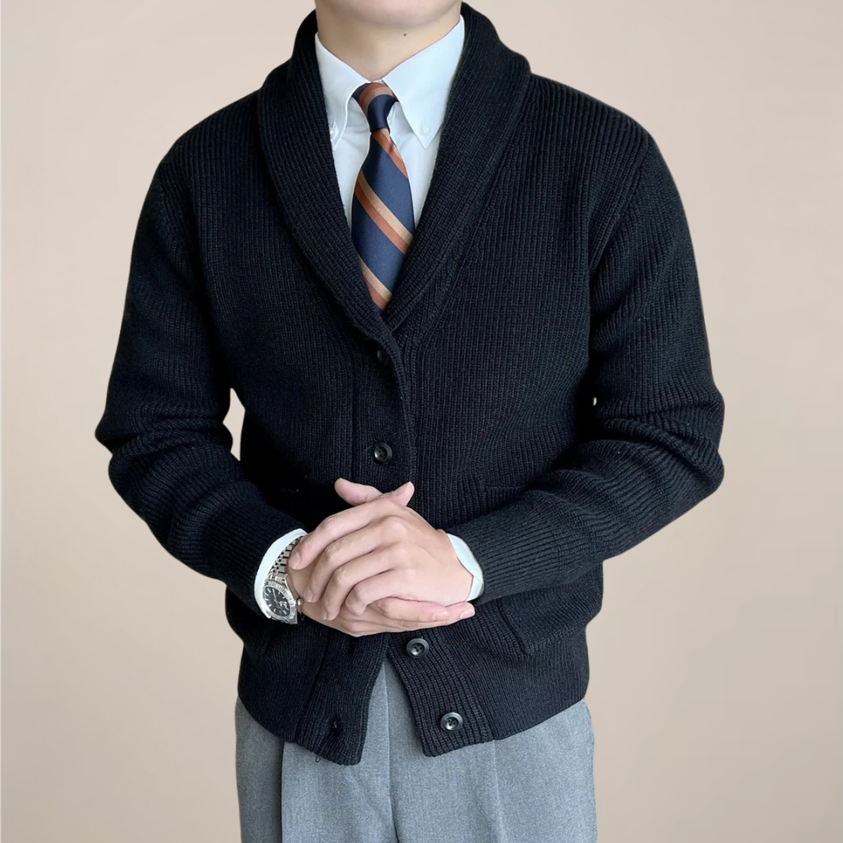 Herrens Ribbade Stickade Kofta med Sjalkrage för Smart-Casual Klädsel