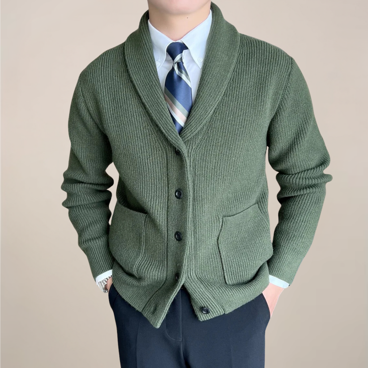 Herrens Ribbade Stickade Kofta med Sjalkrage för Smart-Casual Klädsel