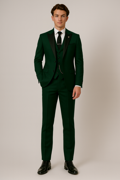 Herrarnas Mörkgröna Tre-delade Kostym - Stilig Kontrastslagskrage för Formella Evenemang