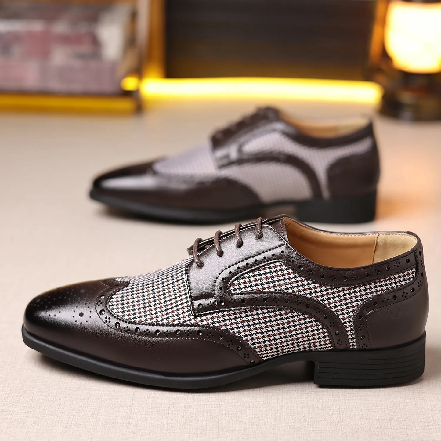 Herrars Houndstooth Oxford Dress Skor - Sofistikerad Brogue Stil för Formella Evenemang
