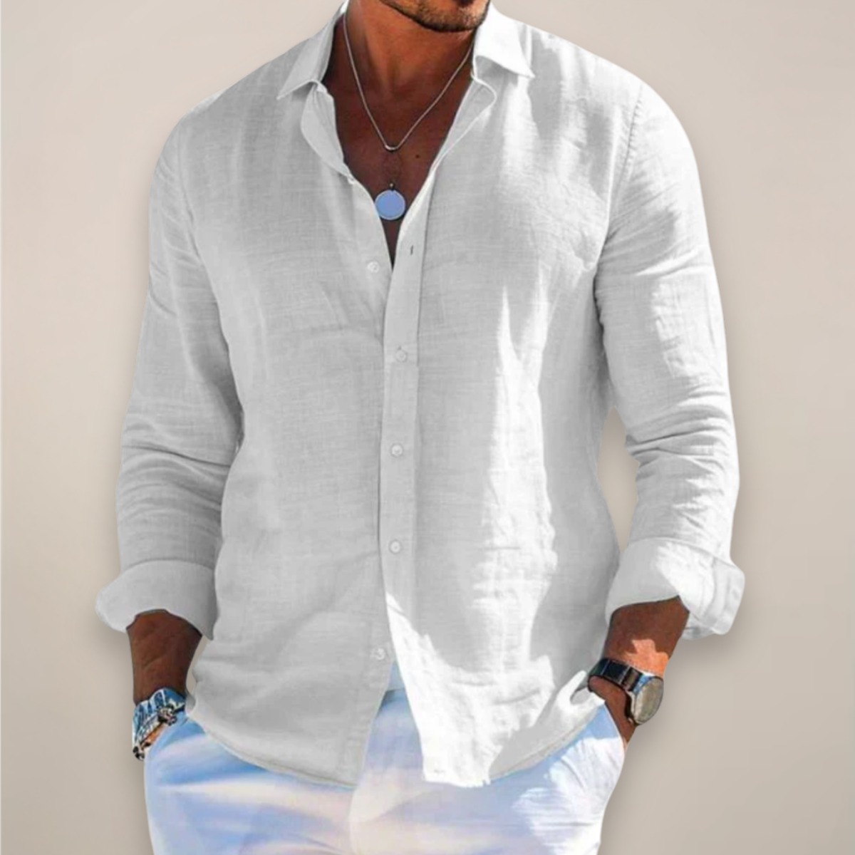 Herrars Linne Långärmad Skjorta - Stilig Knapp-up för Alla Tillfällen