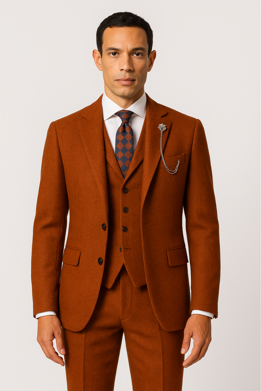 Herrarnas orangea tre-delade tweed kostym – Herringbone blazer, väst och byxor för formella evenemang