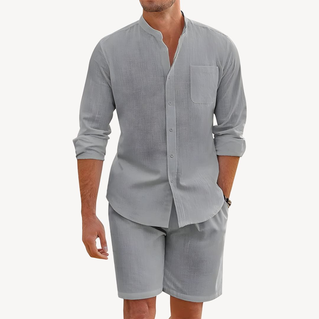 Herrars Sommar Button-Up Skjorta och Dragsko Shorts Set – Idealisk för Strand och Utomhusbruk