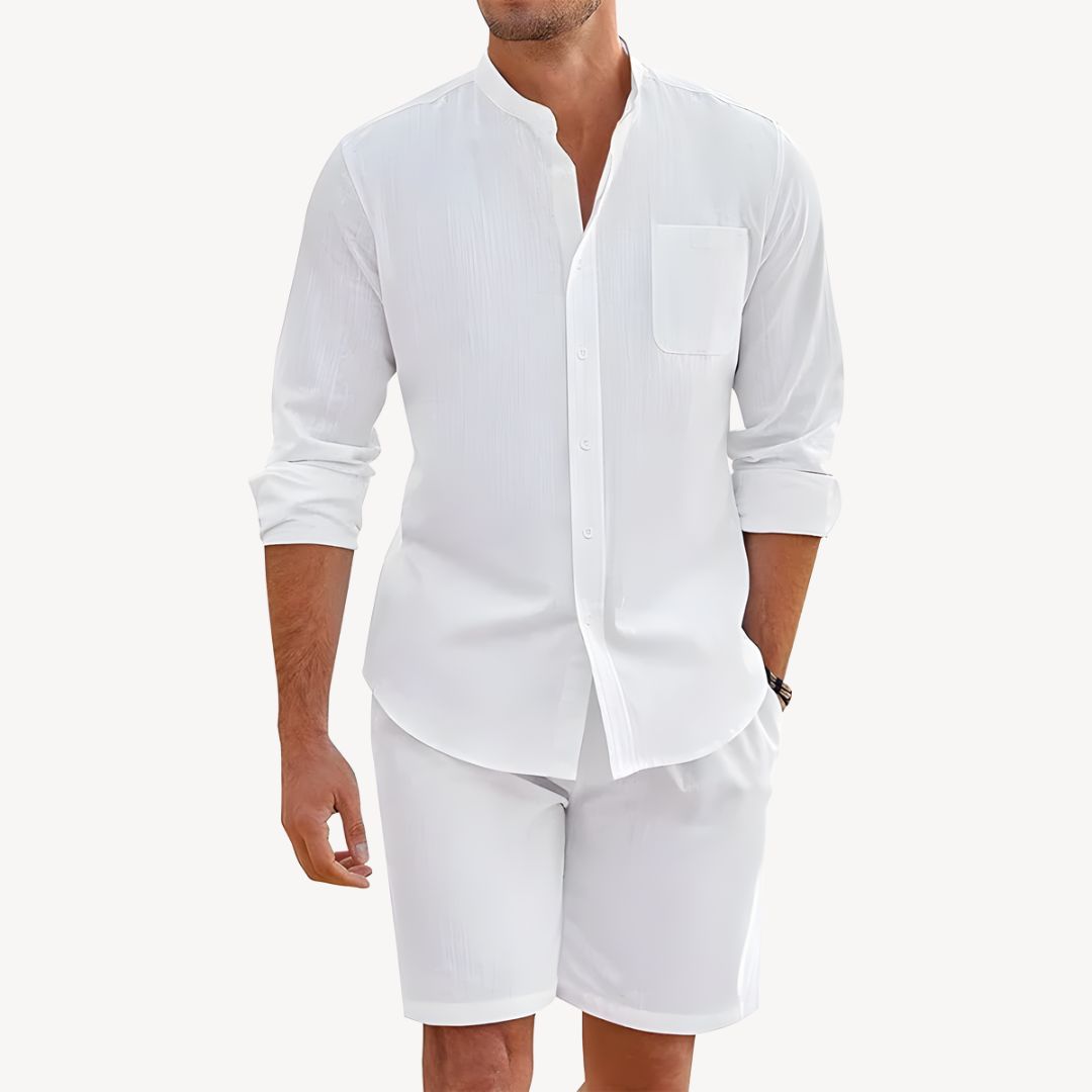 Herrars Sommar Button-Up Skjorta och Dragsko Shorts Set – Idealisk för Strand och Utomhusbruk