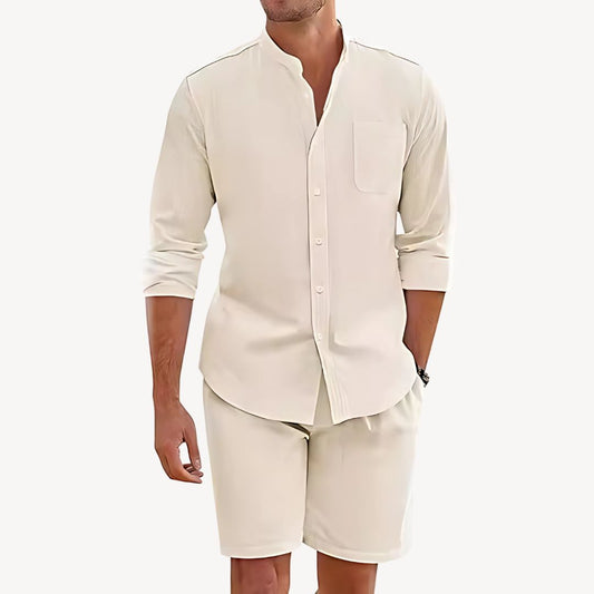 Herrars Sommar Button-Up Skjorta och Dragsko Shorts Set – Idealisk för Strand och Utomhusbruk