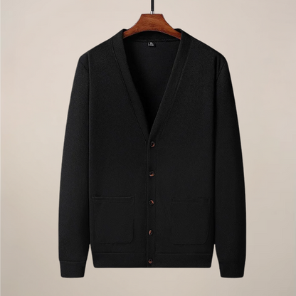 Herr V-ringad stickad cardigan med fickor för vardagsbruk