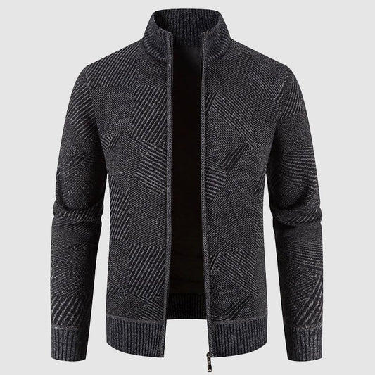 Herrens geometriska stickade zip cardigan - Mock neck stil för smart avslappnad klädsel