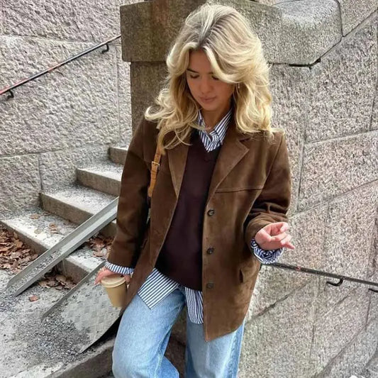 Chic Vintage Suede Blazer för Stiliga Tillfällen