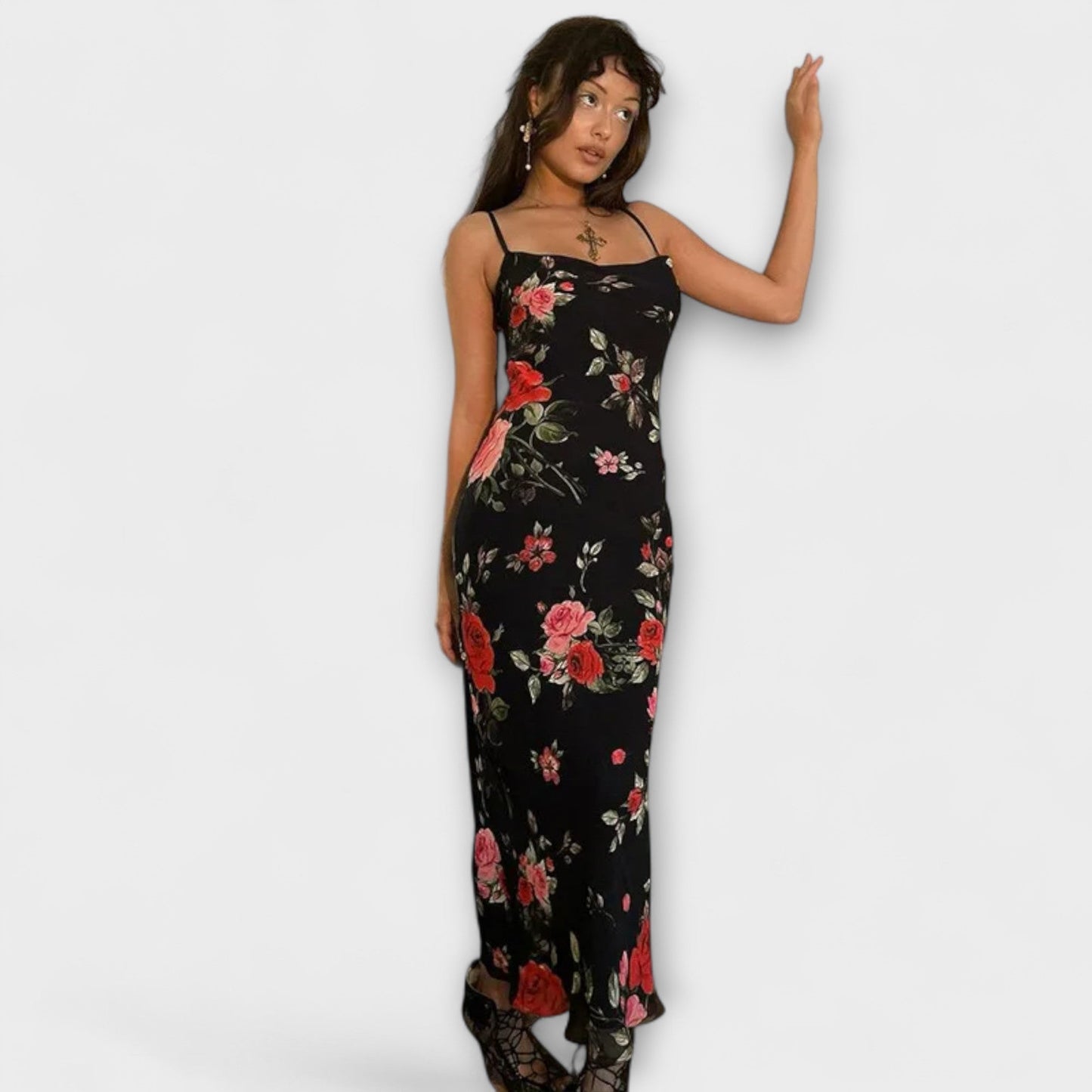 Blommig Spaghetti Strap Klänning för Fester