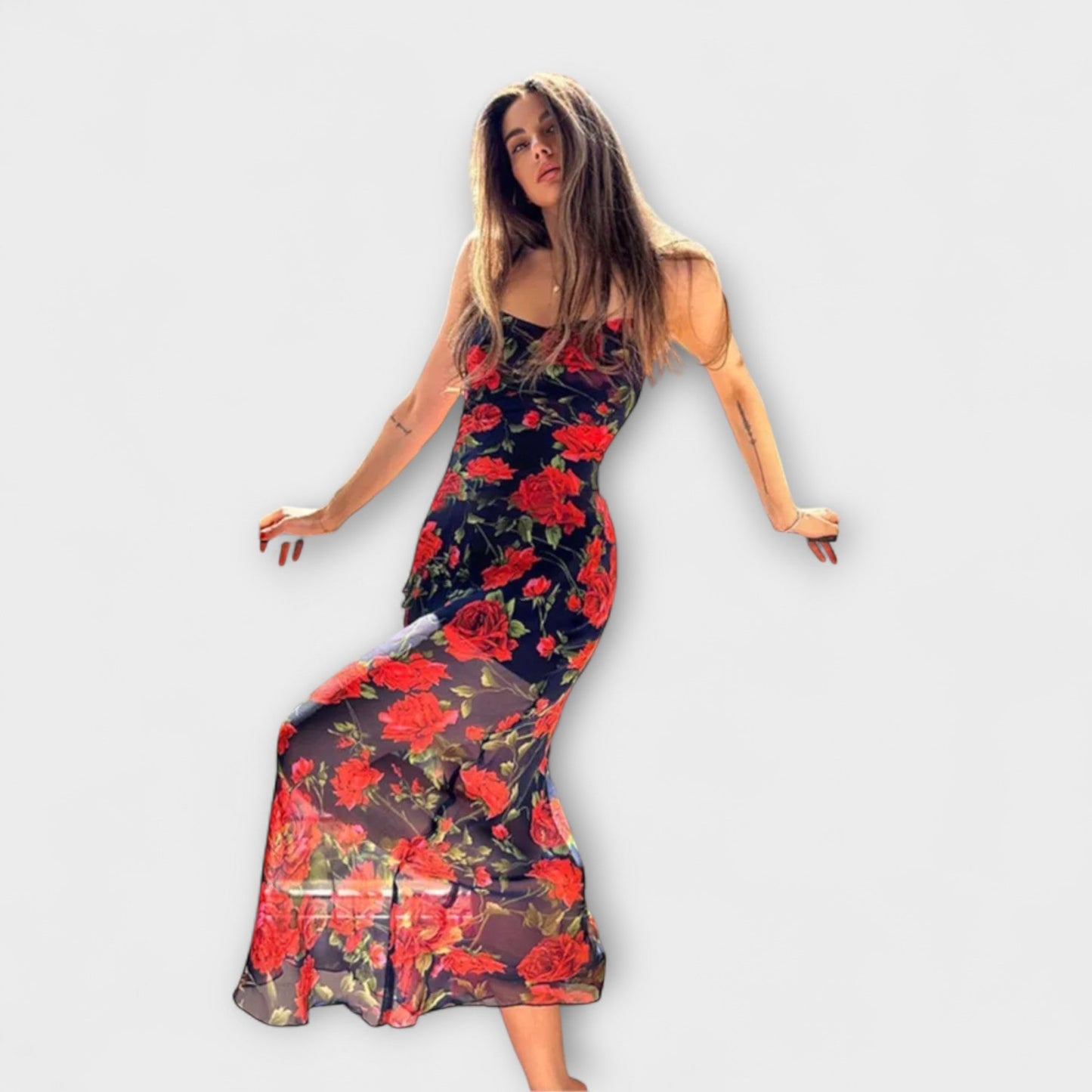 Blommig Spaghetti Strap Klänning för Fester