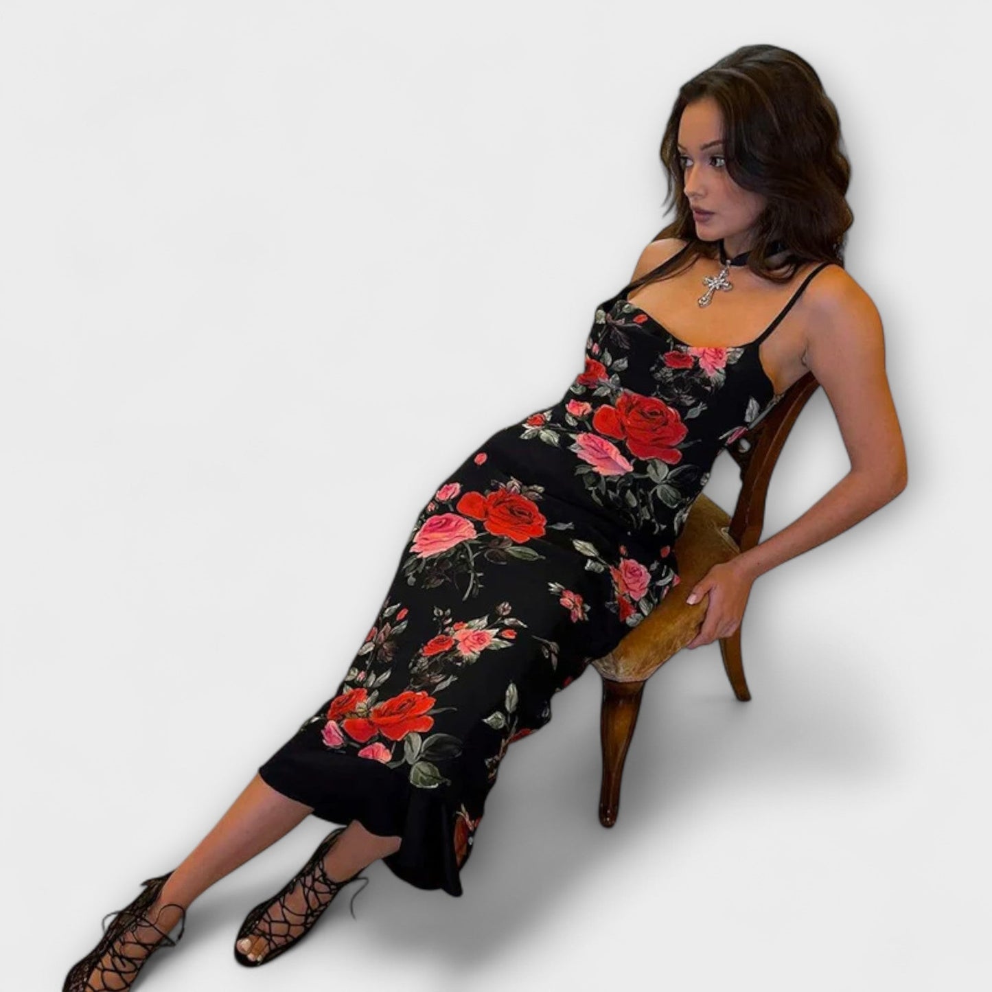 Blommig Spaghetti Strap Klänning för Fester