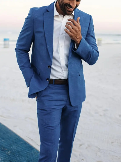 Herrens Linneblandning Kostymset - Slim Blazer & Byxor för Formella Evenemang