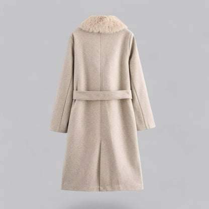Chic Beige Dubbelknäppt Trench Coat med Fuskpälskrage för Stilsäkra Utflykter