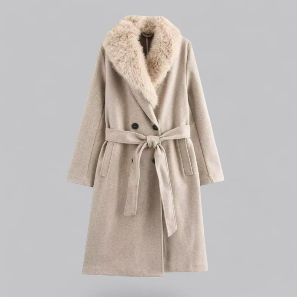 Chic Beige Dubbelknäppt Trench Coat med Fuskpälskrage för Stilsäkra Utflykter