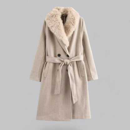 Chic Beige Dubbelknäppt Trench Coat med Fuskpälskrage för Stilsäkra Utflykter