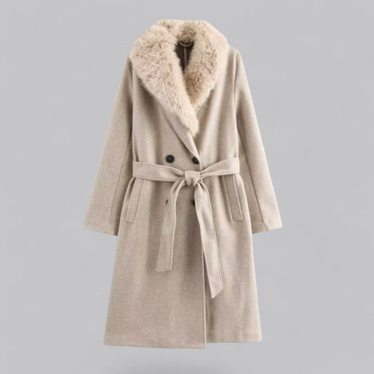 Chic Beige Dubbelknäppt Trench Coat med Fuskpälskrage för Stilsäkra Utflykter