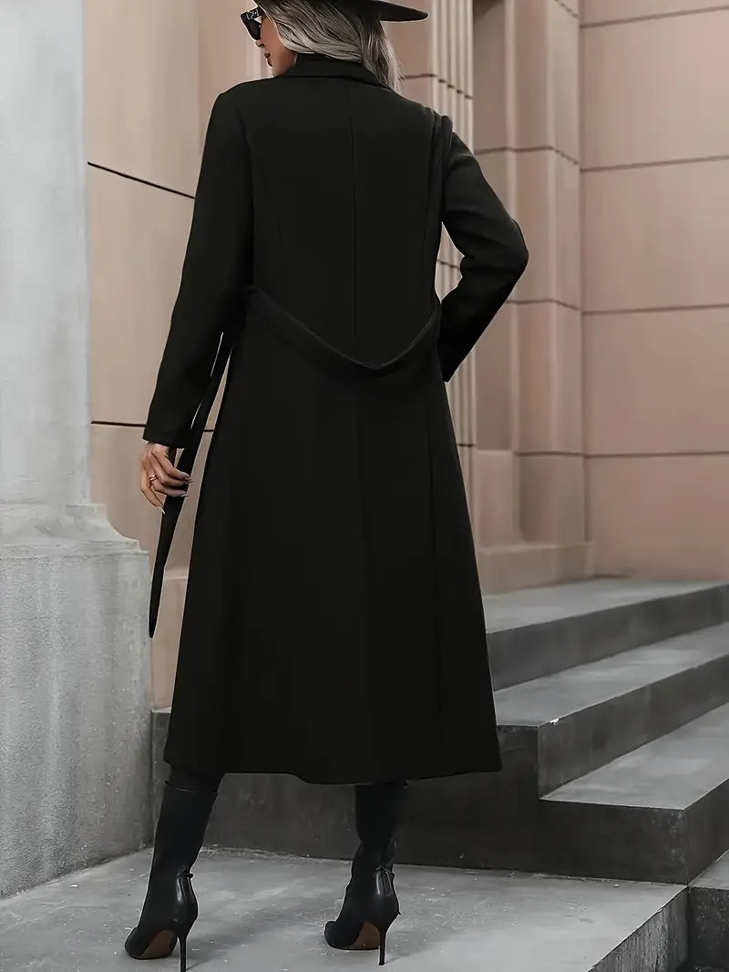 Chic svart bälte lång trench coat för höst- och vinterbruk