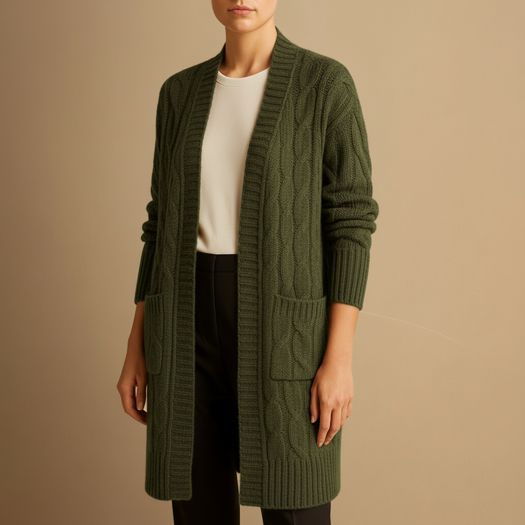 Kvinnors Mysiga Kabelstickade Långa Kofta med Fickor