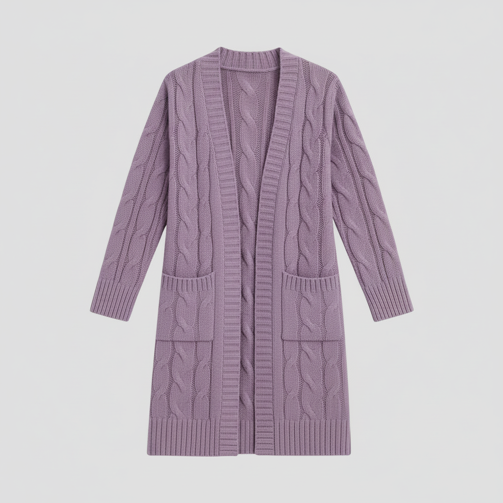 Kvinnors Mysiga Kabelstickade Långa Kofta med Fickor