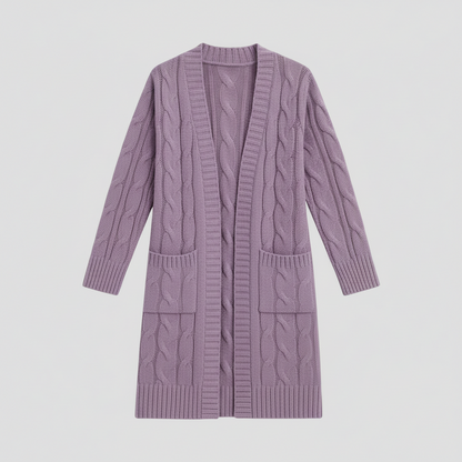 Kvinnors Mysiga Kabelstickade Långa Kofta med Fickor