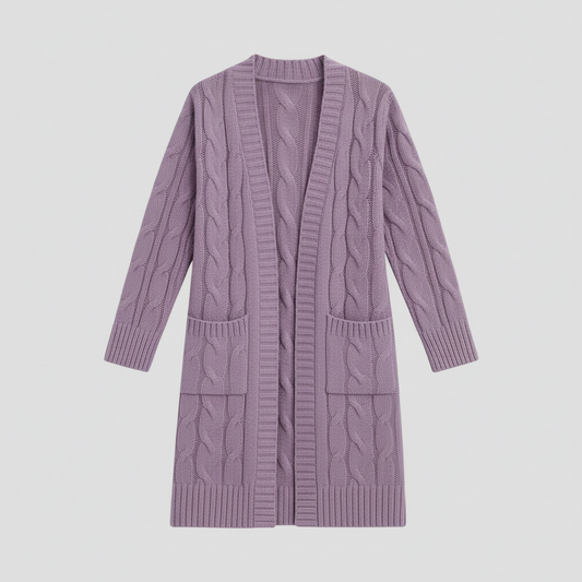 Kvinnors Mysiga Kabelstickade Långa Kofta med Fickor