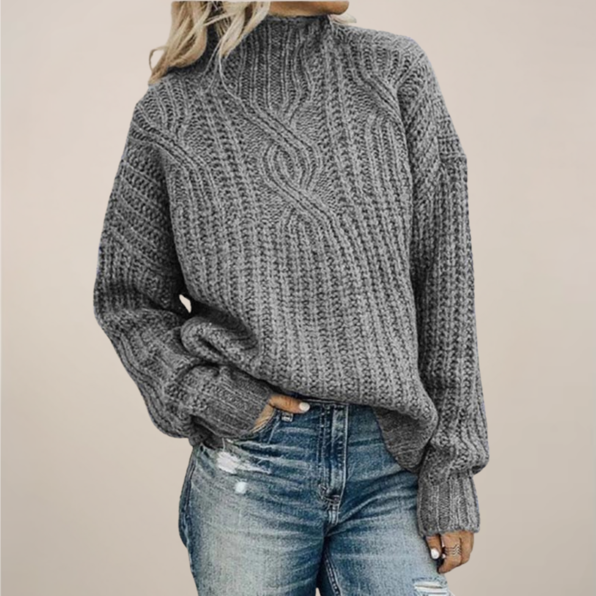 Chic svart mock neck kabelstickad tröja för alla tillfällen