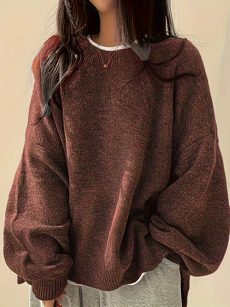 Kvinnors Mysiga Lyktsleeve Stickad Tröja - Chic Rundhalsdesign