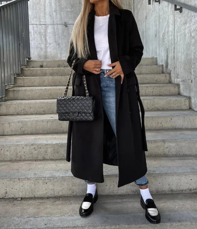 Chic Kvinnors Lång Dubbelknäppt Vinterkappa - Stilren Bälte Överrock