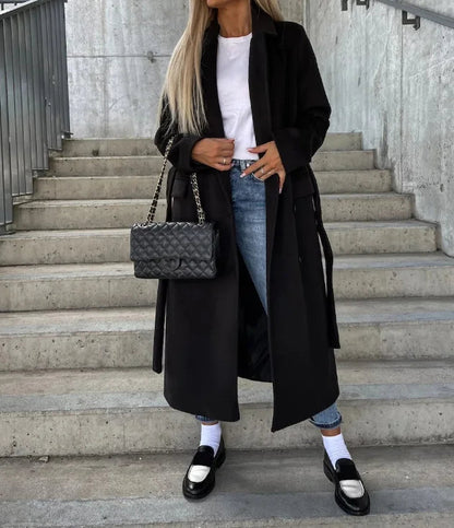Chic Kvinnors Lång Dubbelknäppt Vinterkappa - Stilren Bälte Överrock