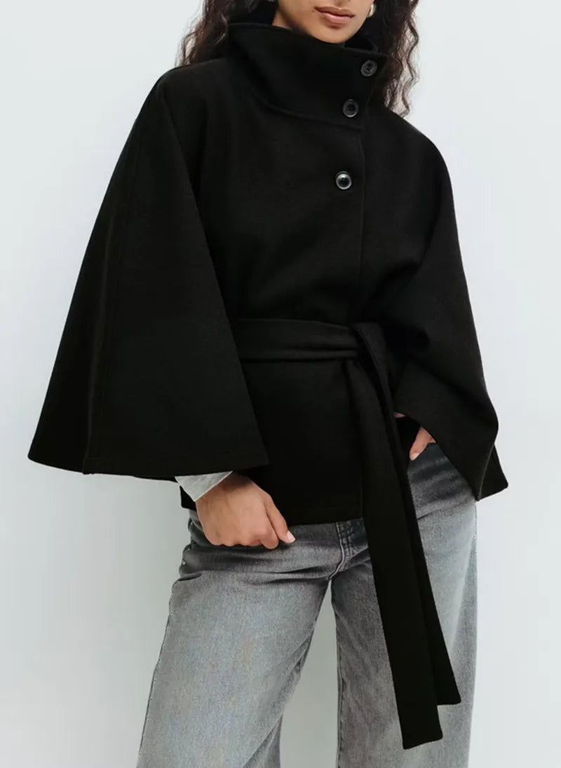 Chic Cape Kappa för Kvinnor - Trattkrage & Bälte Design