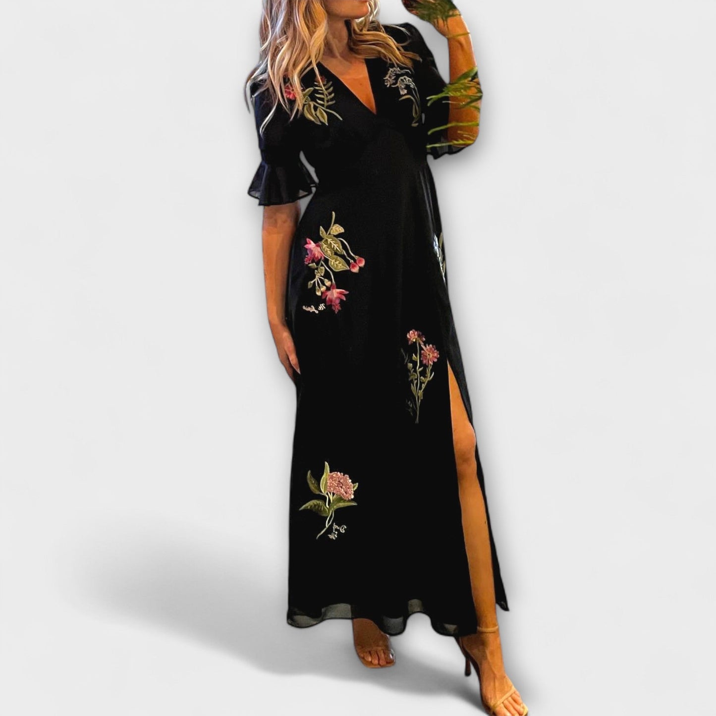 Beatrice - Marinblå Blommönstrad Broderad Klänning för Speciella Tillfällen