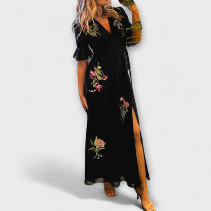 Beatrice - Marinblå Blommönstrad Broderad Klänning för Speciella Tillfällen