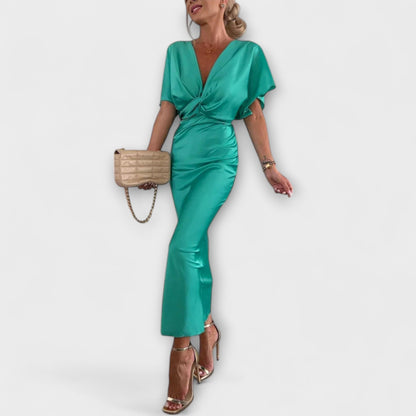 Sable Satin V-Neck Cross Knot Maxi Klänning för Evenemang