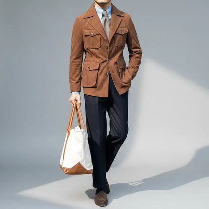 Herr Herringbone Blazer med Guldtonade Detaljer